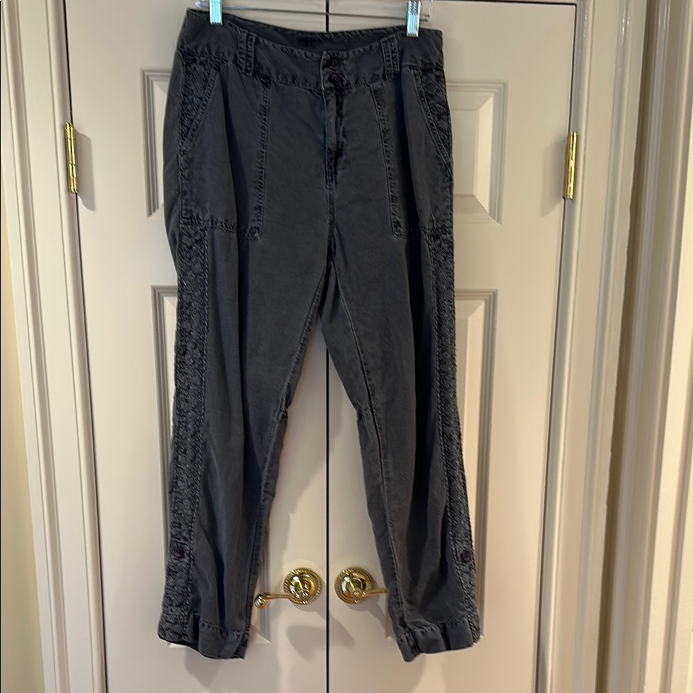 Gray Sundance Pants with Side and Back pocket embroidery Detailing.